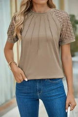 Pale Khaki Seamed Detail Contrast Lace Raglan Sleeve Tee - Femstylo
