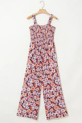 Purple Floral Square Neckline Stretch High Waist Jumpsuit - Femstylo