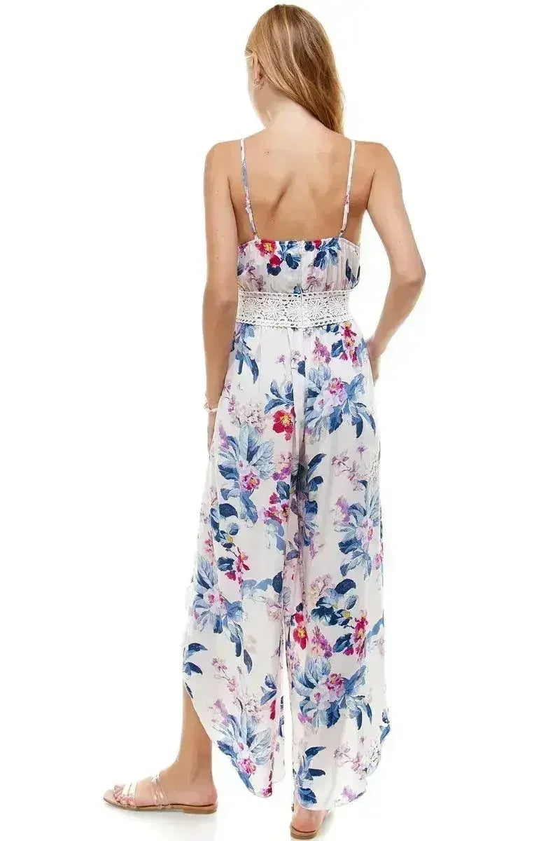 FLORAL & SOLID CROCHET TULIP LEG CAMI JUMPSUIT - Femstylo