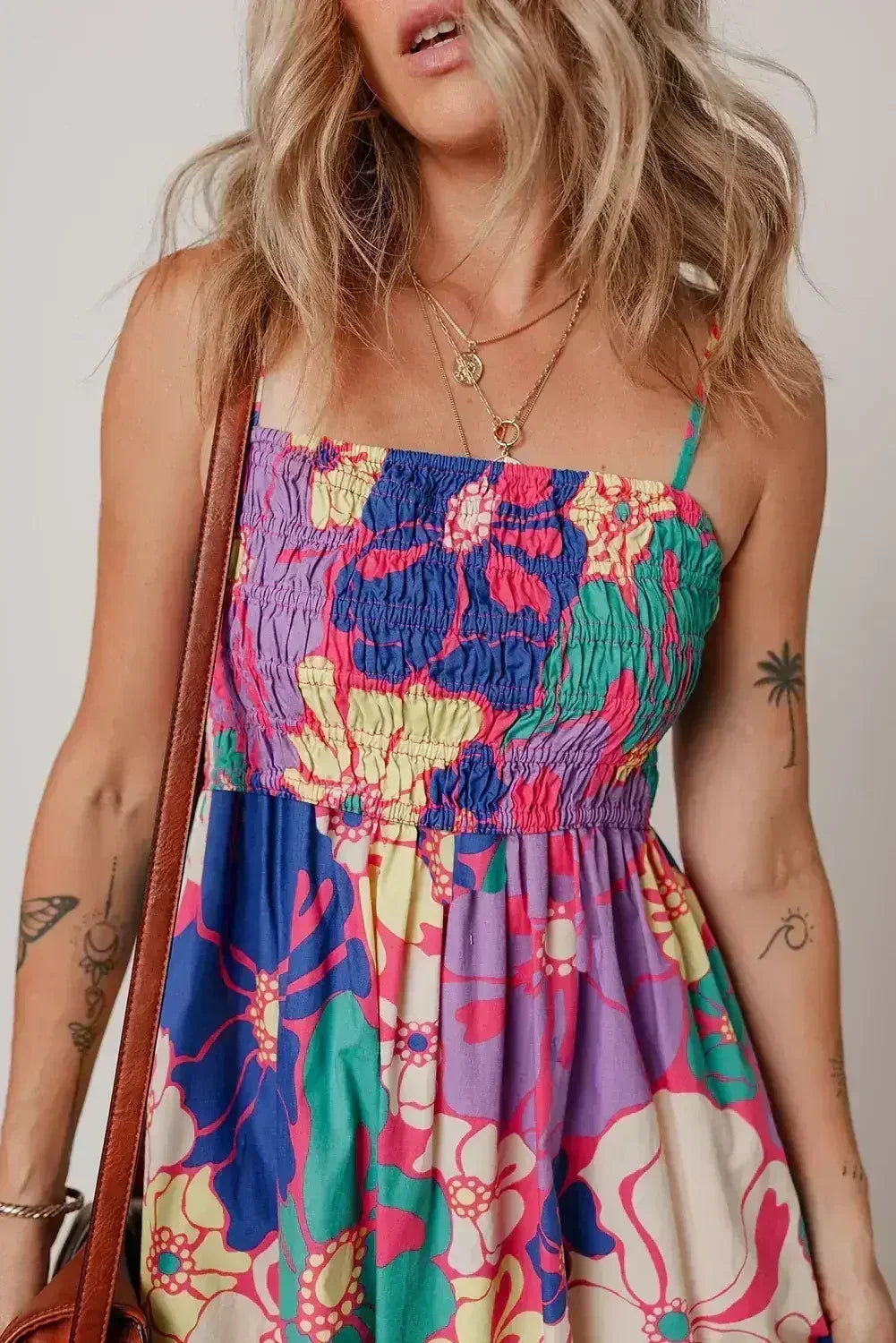 Purple Floral Print Shirred Spaghetti Strap Loose Maxi Dress - Femstylo