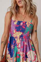 Purple Floral Print Shirred Spaghetti Strap Loose Maxi Dress - Femstylo