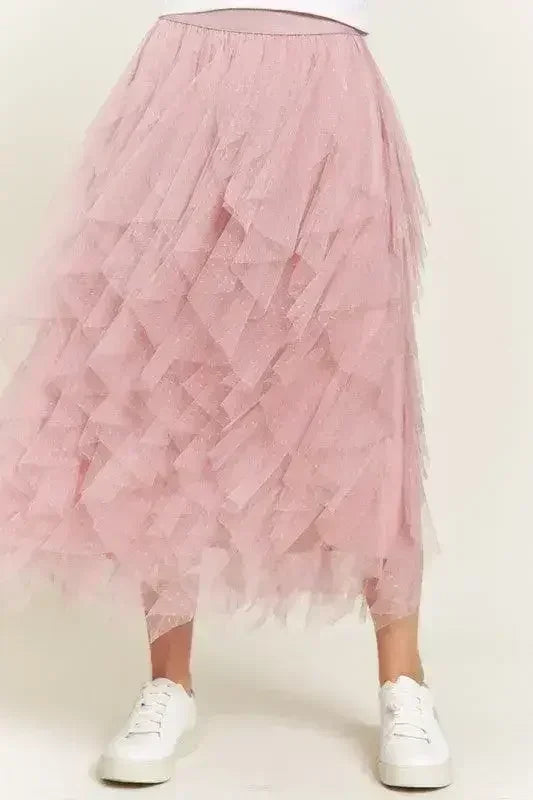 LAYERED POLKA DOT MESH LINED A-LINE MIDI SKIRT - Femstylo