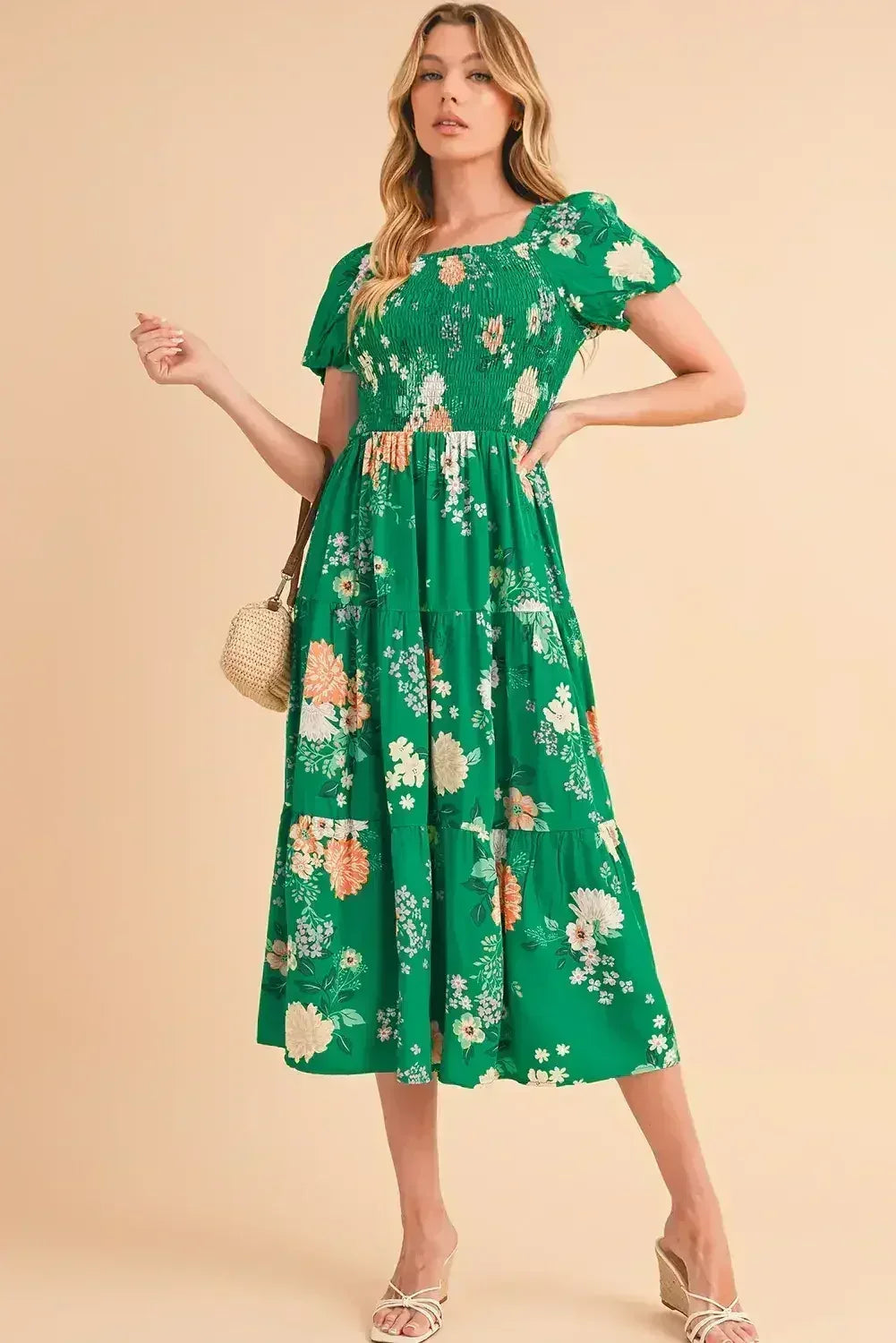 Green Floral Print Bubble Sleeve Smocked Tiered Midi Dress - Femstylo