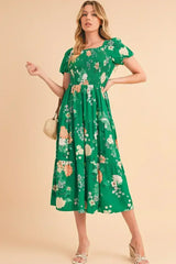 Green Floral Print Bubble Sleeve Smocked Tiered Midi Dress - Femstylo