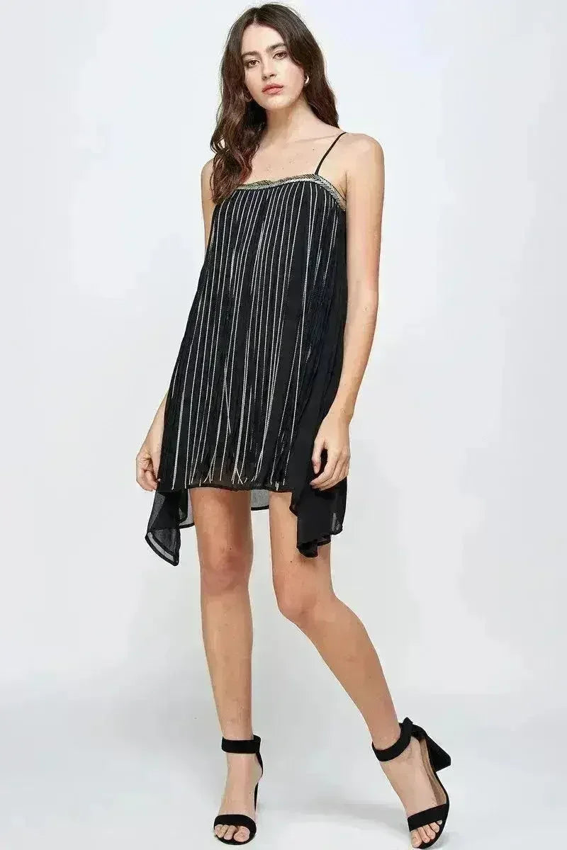 Flowy Sleeveless Mini Dress with Metallic Accents - Femstylo
