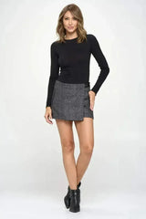 Asymmetrical Wrap Mini Skort with Faux Leather Trim - Femstylo