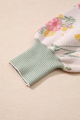 Pink Floral Striped Colorblock V Neck Loose Sweater