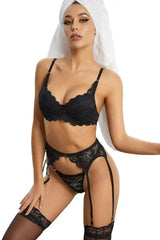 Floral Lace Bralette Lingerie Set with Garters - Femstylo