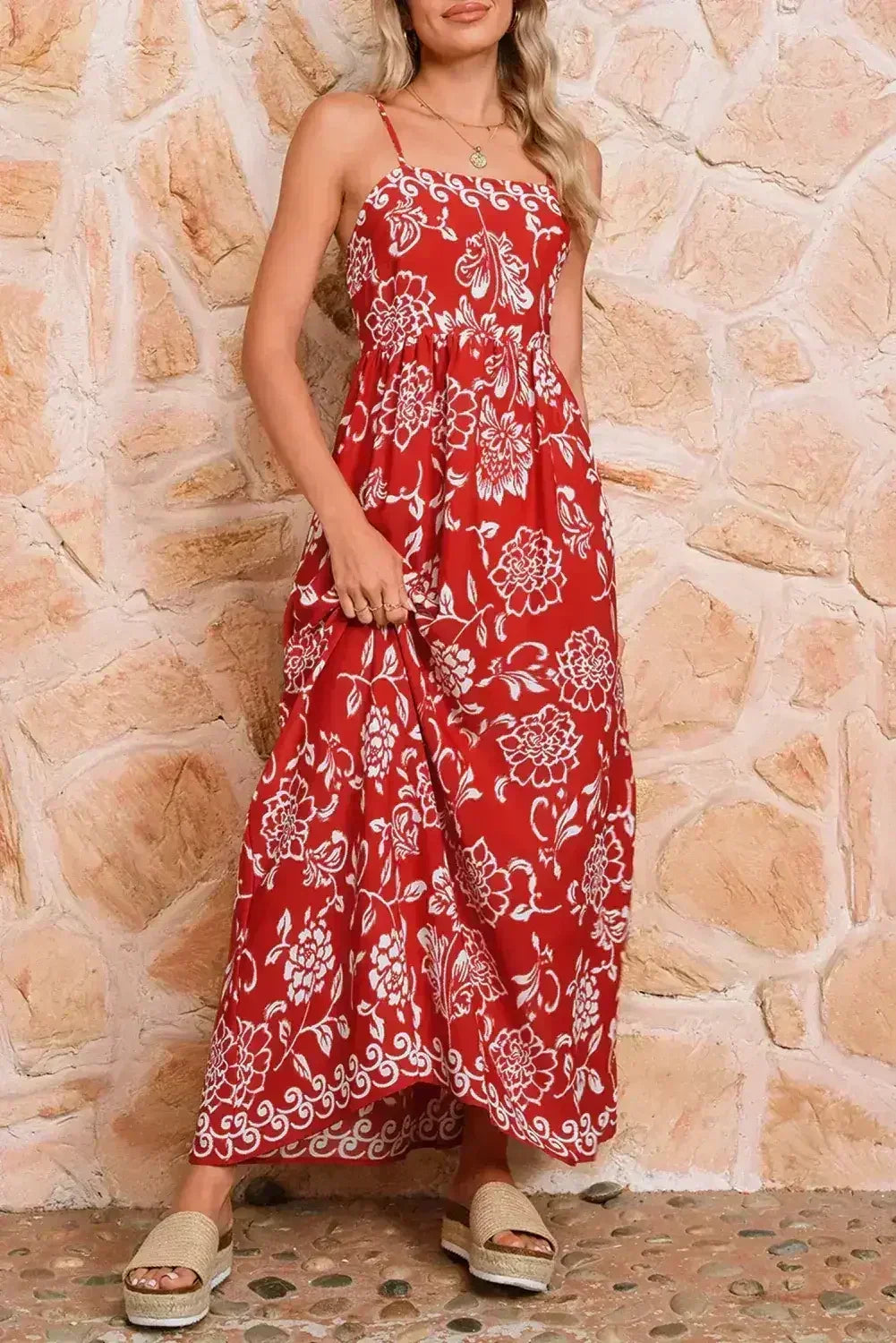 Red Floral Print Spaghetti Strap Empire Waist Maxi Dress - Femstylo