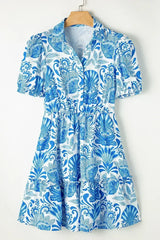Sky Blue Boho Floral Print Frill Tiered Mini Dress - Femstylo