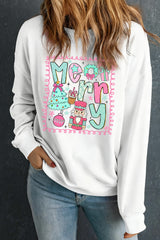 White Merry Christmas Fashion Graphic Heat Transfer Printing Cotton Blend Sweatshirt