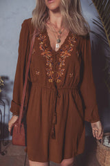 Burgundy Floral Embroidered Tassel Tie Waist Long Sleeve Mini Dress