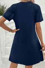 Navy Blue Contrast Lace Raglan Sleeve Pleated Mini Dress - Femstylo