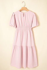 Light Blue Puff Sleeve High Waist Flowy Midi Dress