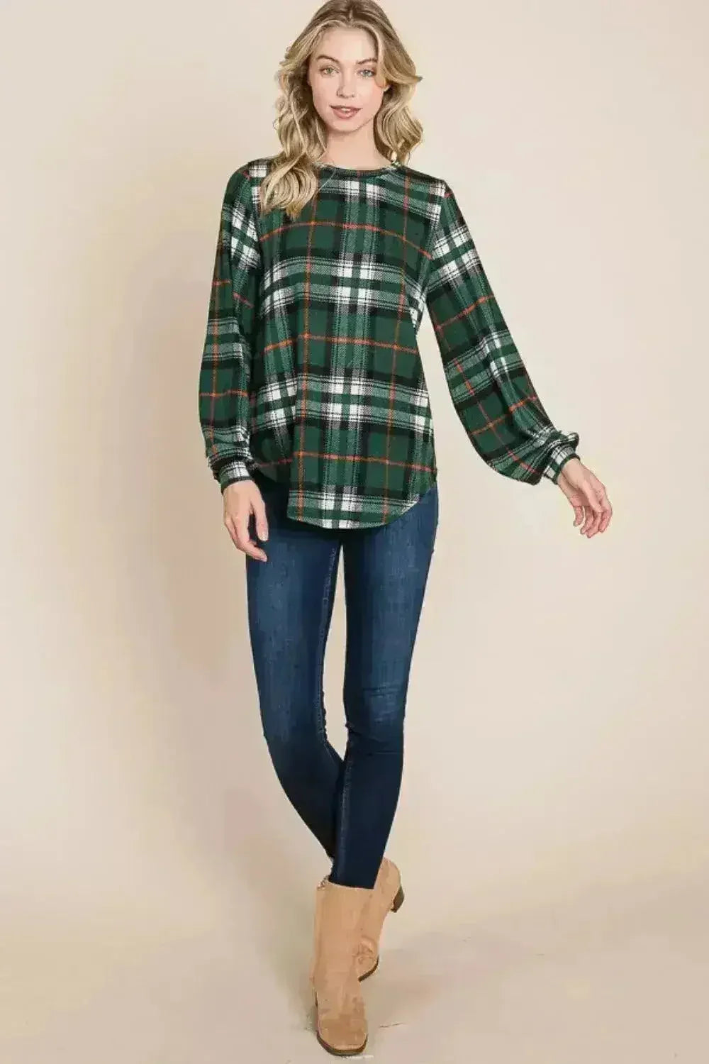 BOMBOM Curved Hem Plaid Round Neck Long Sleeve Top - Femstylo