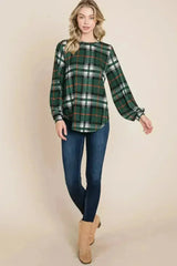 BOMBOM Curved Hem Plaid Round Neck Long Sleeve Top - Femstylo