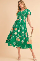 Green Floral Print Bubble Sleeve Smocked Tiered Midi Dress - Femstylo