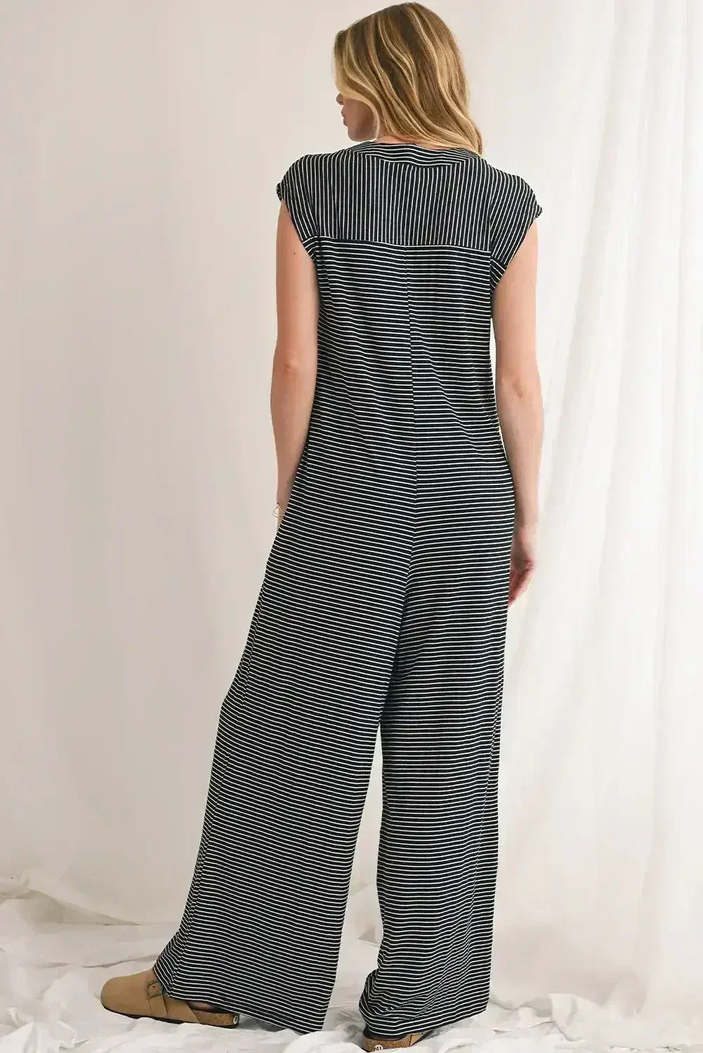 Black White Striped Button Sleeveless Jumpsuit - Femstylo