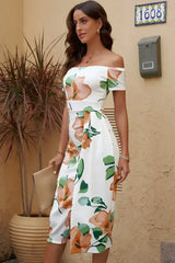 Printed Off-Shoulder Split Dress - Femstylo