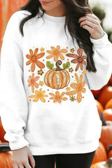 White Flower Pumpkin Printed Cotton Blend Sweatshirt - Femstylo