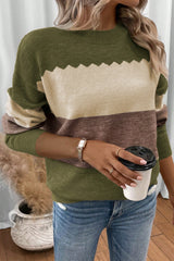 Brown Colorblock Crew Neck Drop Shoulder Sweater