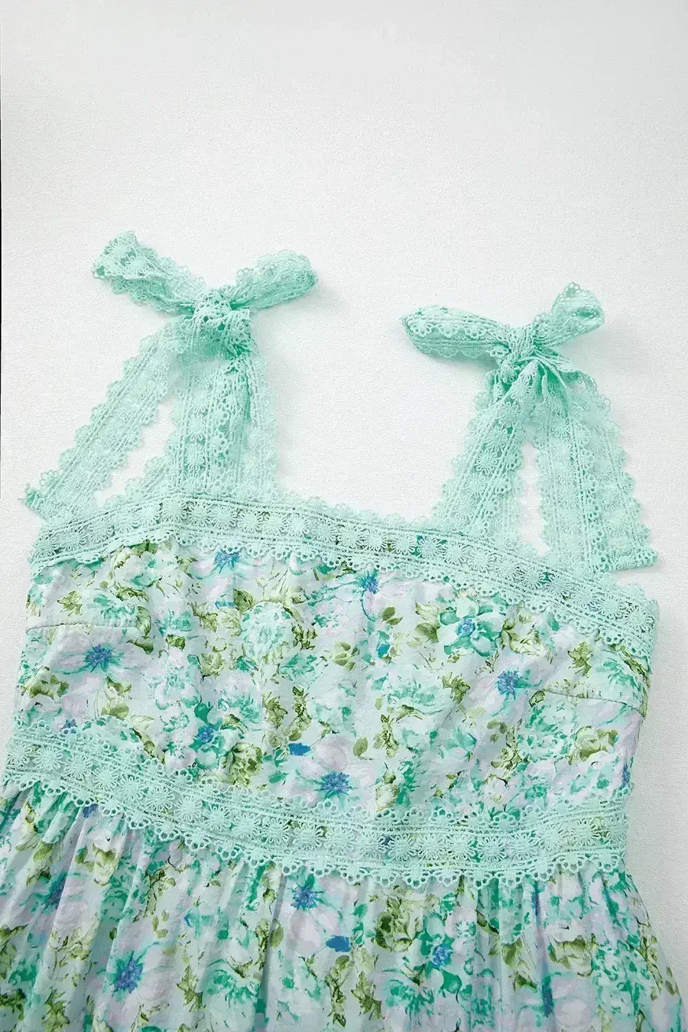 Green Floral Lace Tied Strap Empire Waist Maxi Dress - Femstylo