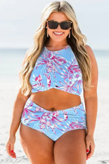 Rose Plus Size Floral Print Twisted High Waist Bikini Set - Femstylo