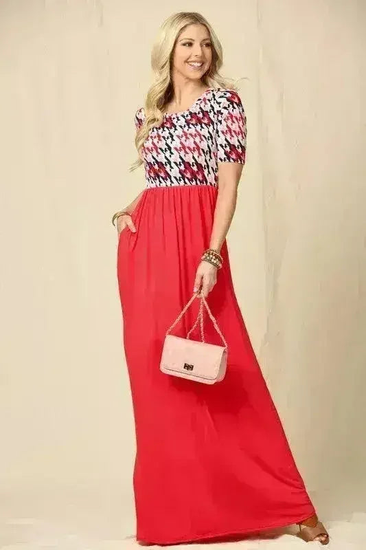 Houndstooth Maxi Dress | Short Sleeve Pocketed Style | Femstylo - Femstylo