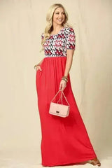 Houndstooth Maxi Dress | Short Sleeve Pocketed Style | Femstylo - Femstylo