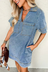 Beau Blue Short Sleeve Collared Chest Pocket Denim Mini Dress - Femstylo