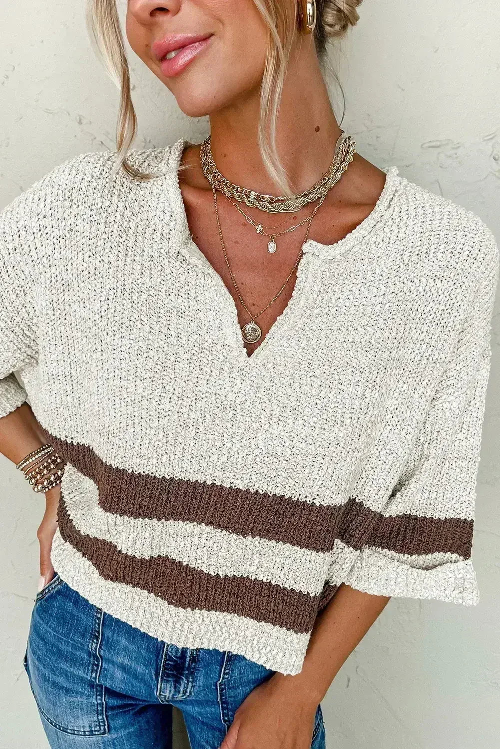 Brown Stripe Cropped Drop Sleeve Sweater - Femstylo