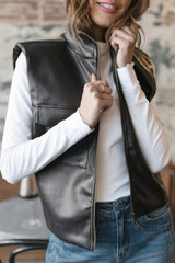 Black Double Flap Pocket Faux Leather Zip Up Stand Neck Vest