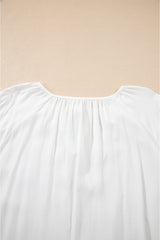 White Floral Embroidered Drawstring V Neck Blouse