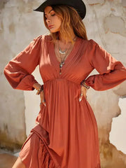 Ruched V-Neck Long Sleeve Midi Dress - Femstylo
