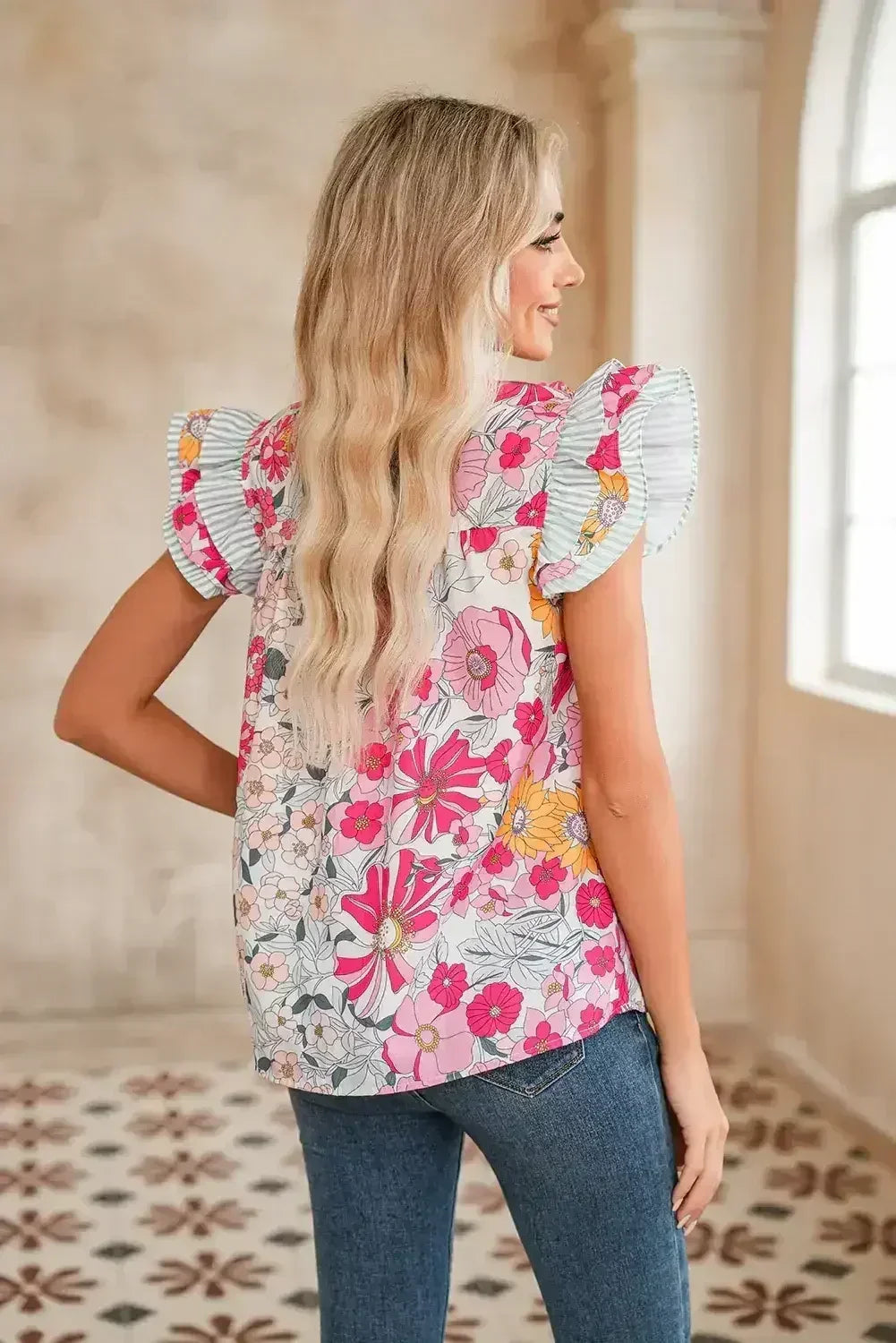 Pink Floral Print Ruffle Trim Pleated Boho Blouse | Femstylo - Femstylo