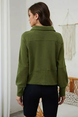 Moss Green Quarter Zip Stand Neck Kangaroo Pocket Sweatshirt - Femstylo