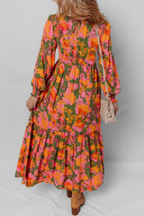 Orange Floral Puff Sleeve Smocked Bodice Frill Tiered Dress