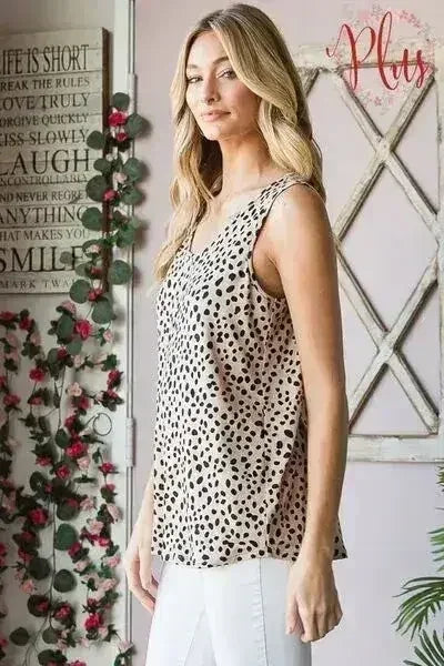 Heimish Full Size Front Button Animal Print Sleeveless Top Plus Size - Femstylo
