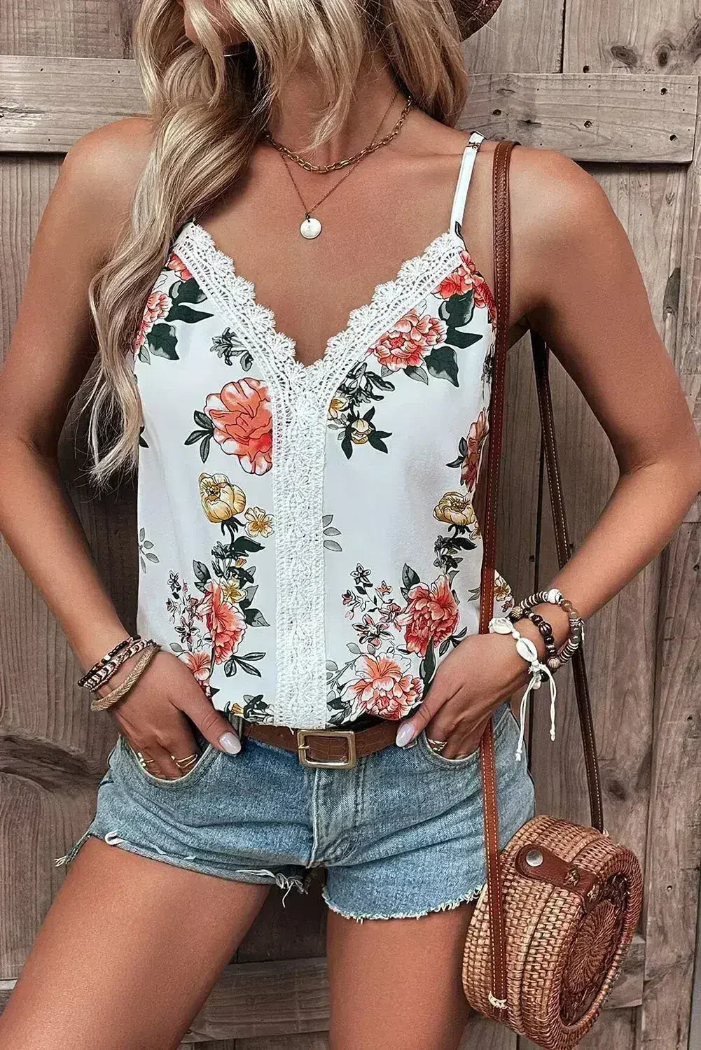 White Floral Print Lace V Neck Tank Top - Femstylo