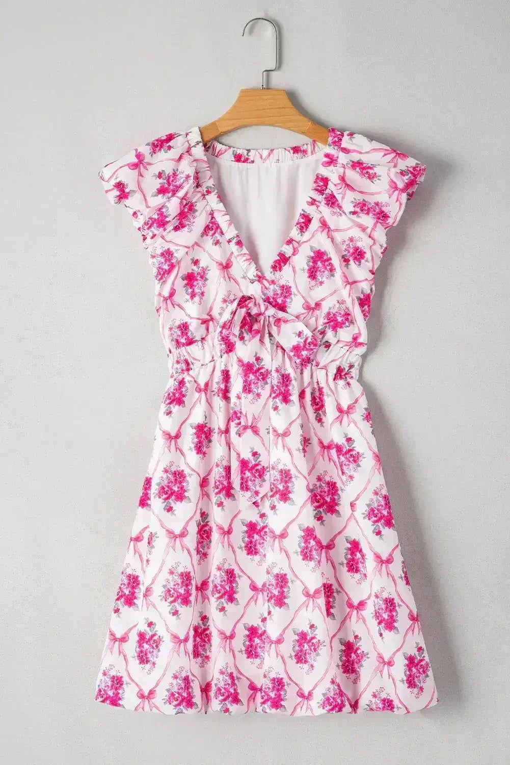 Multicolour Boho Bow Floral Print Knot V Neck Mini Dress - Femstylo