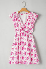 Multicolour Boho Bow Floral Print Knot V Neck Mini Dress - Femstylo