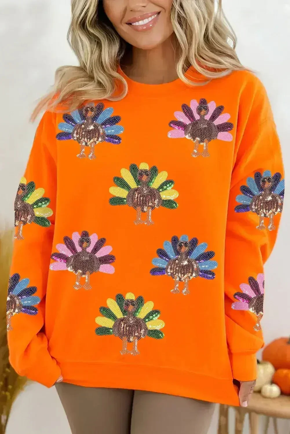 Orange Colorful Sequin Turkey Thanksgiving Graphic Sweatshirt - Femstylo