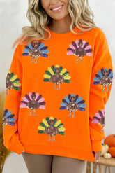 Orange Colorful Sequin Turkey Thanksgiving Graphic Sweatshirt - Femstylo