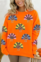 Orange Colorful Sequin Turkey Thanksgiving Graphic Sweatshirt - Femstylo