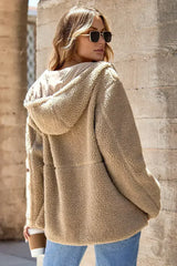 Pale Khaki Fleece Zip Up Drawstring Hooded Pocketed Jacket - Femstylo