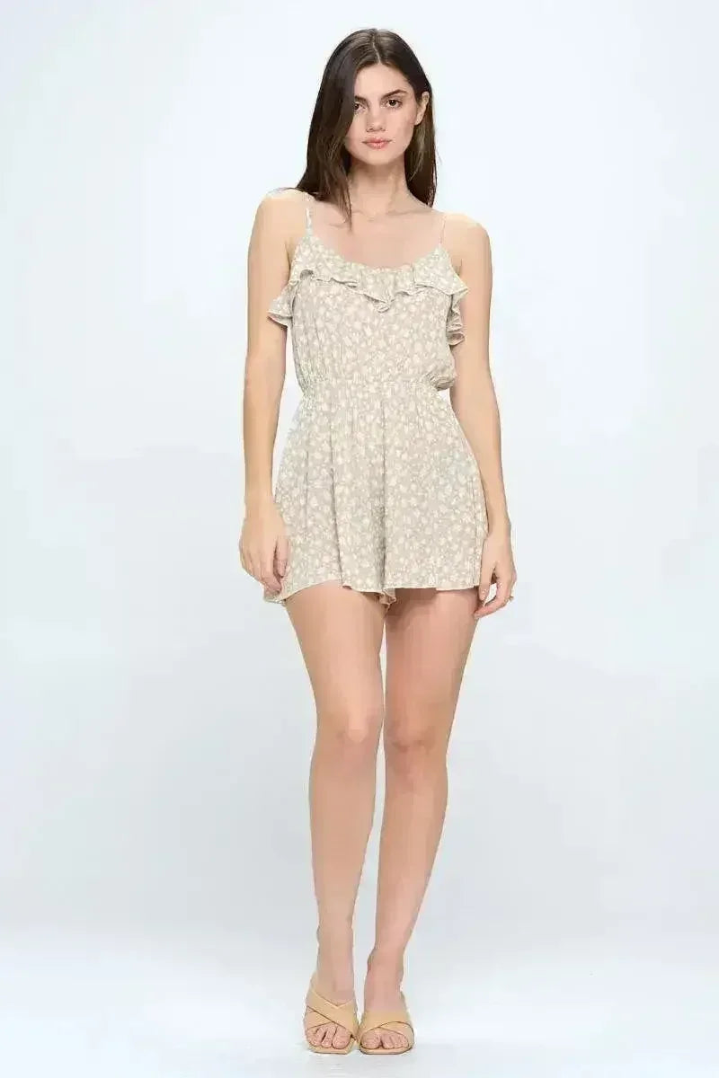 Floral Print Ruffled Spaghetti Strap Romper - Femstylo
