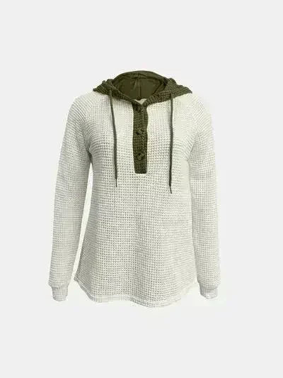 Full Size Waffle-Knit Contrast Long Sleeve Hoodie - Femstylo