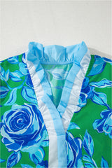Bright Green Floral Print Ruffle Puff Sleeve Pop of Color Neckline Blouse