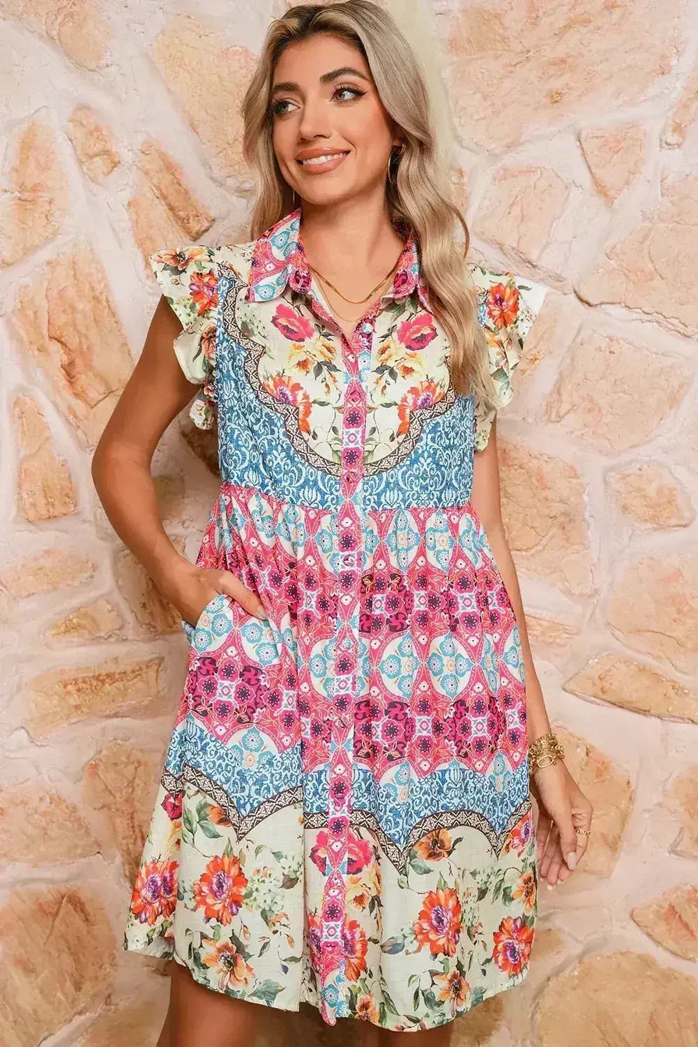 Rose Floral Ethnic Print Ruffle Mini Dress - Femstylo