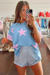 Aruba Blue Frayed Star Patched 4th of July Oversize T Shirt - Femstylo